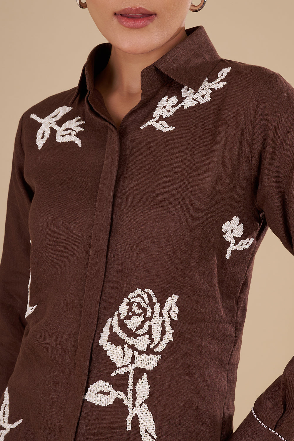 Chocolate Brown Linen Co-ord Set with White Thread Embroidery