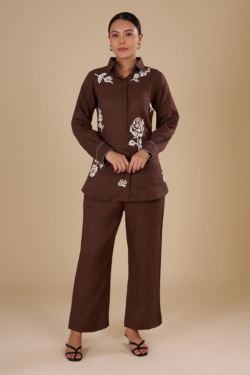 Chocolate Brown Linen Co-ord Set with White Thread Embroidery