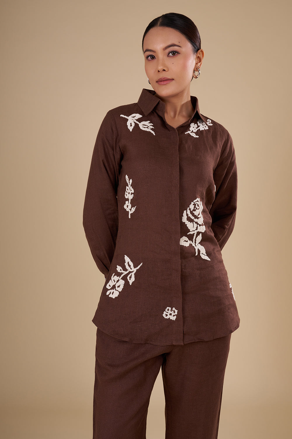 Chocolate Brown Linen Co-ord Set with White Thread Embroidery