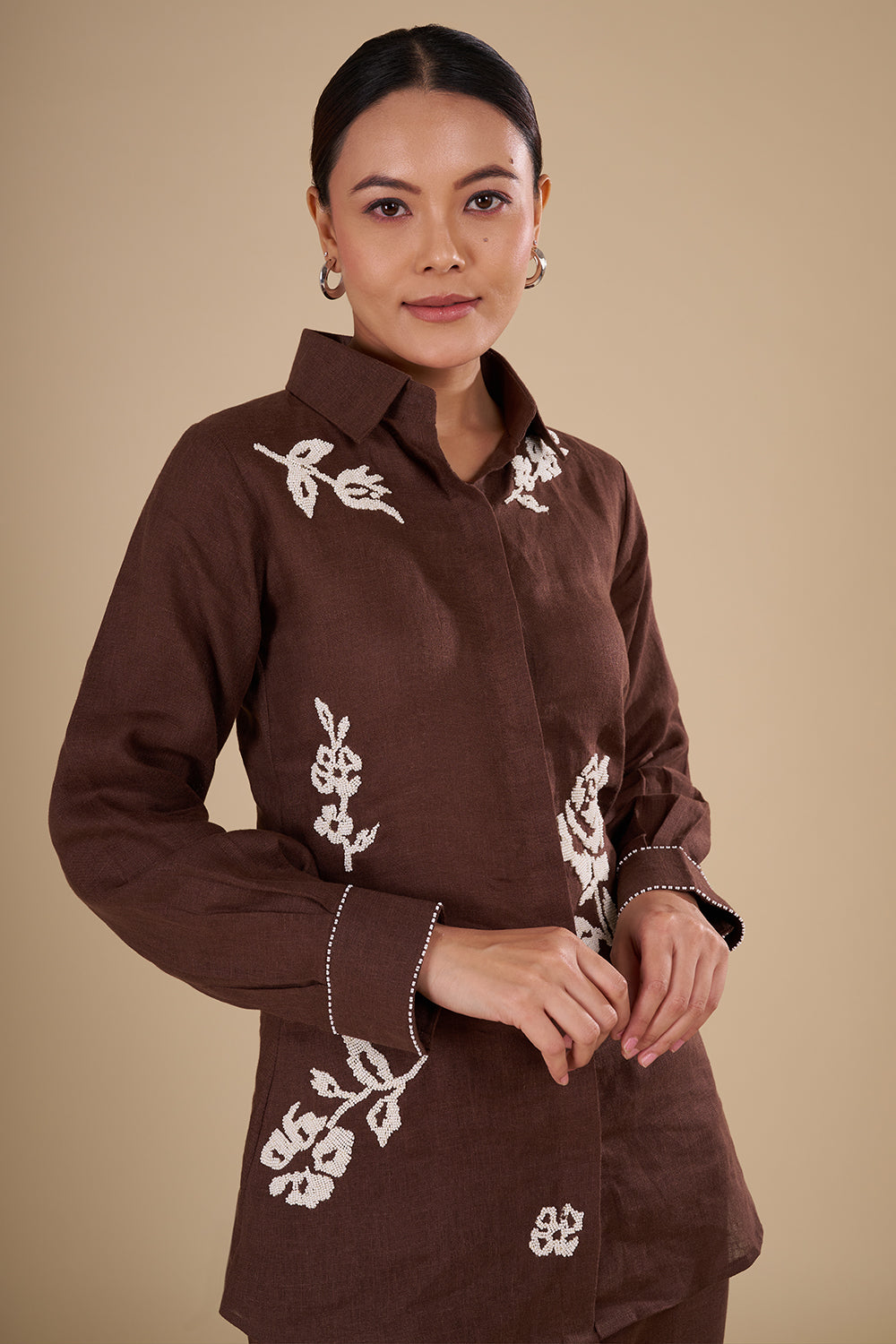 Chocolate Brown Linen Co-ord Set with White Thread Embroidery