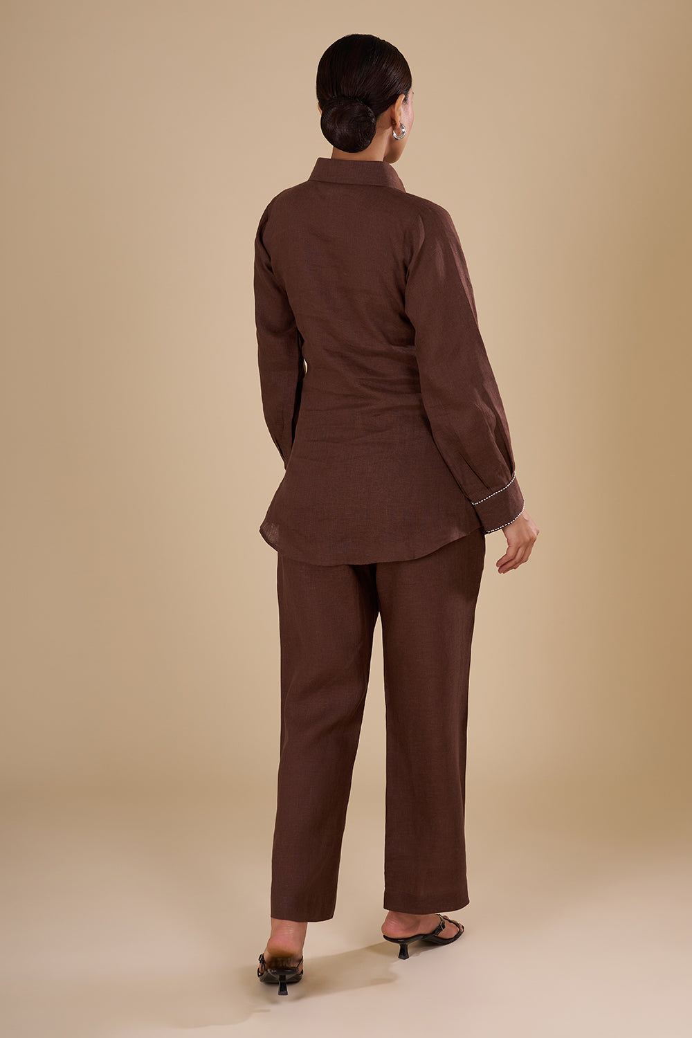 Chocolate Brown Linen Co-ord Set with White Thread Embroidery