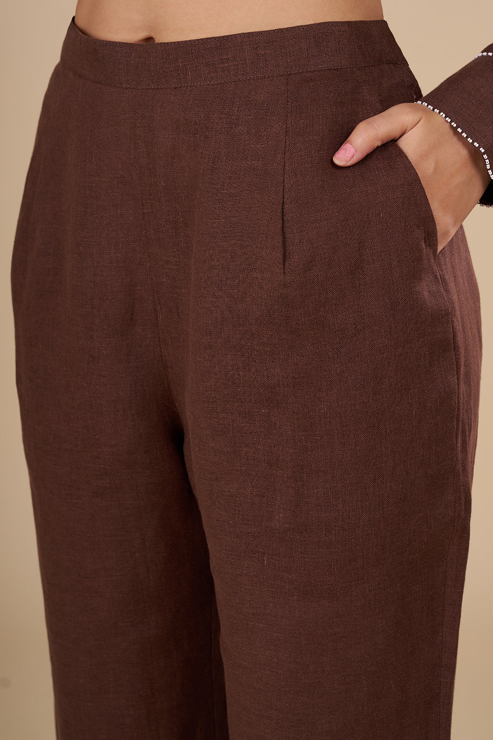 Chocolate Brown Linen Co-ord Set with White Thread Embroidery
