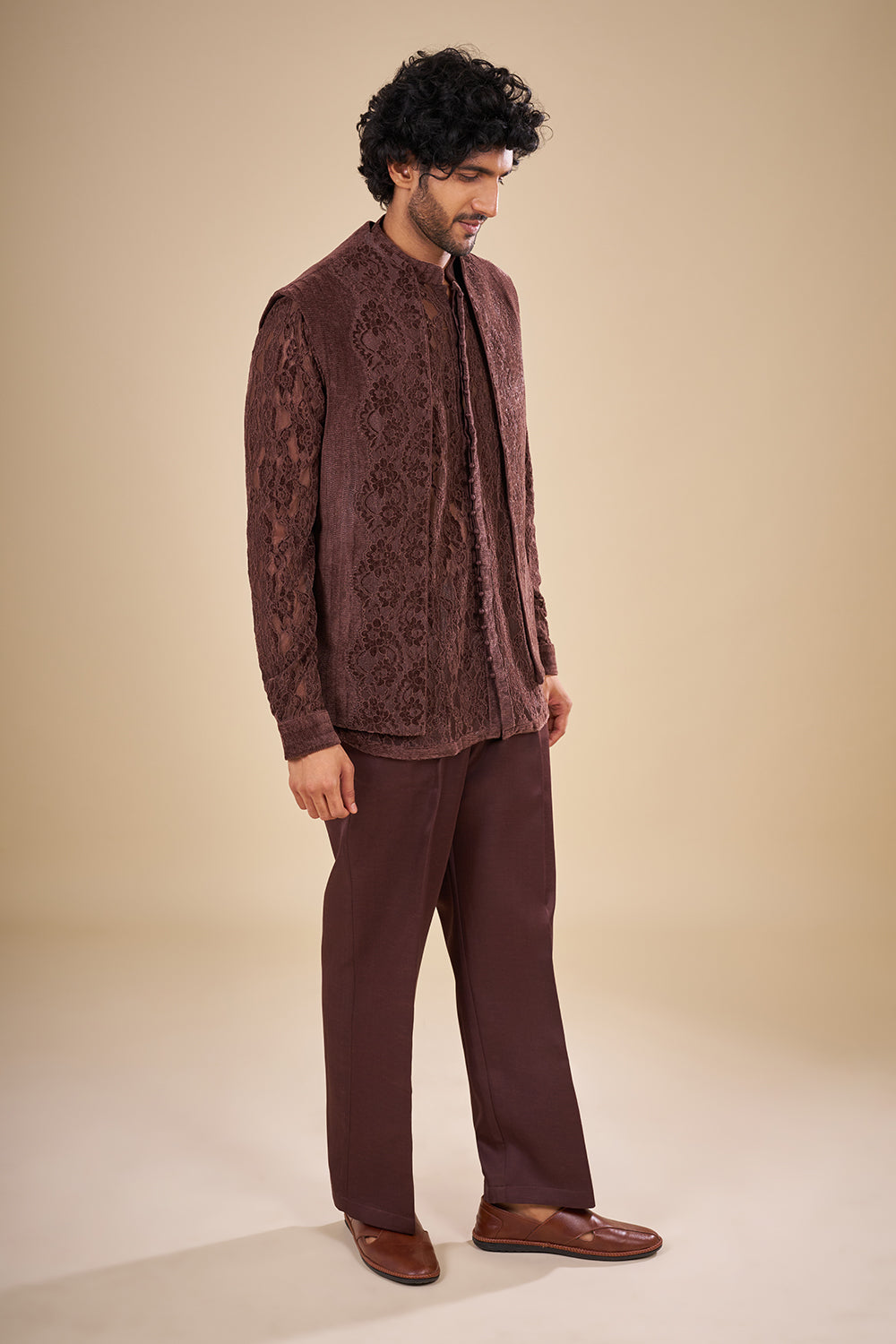 Chocolate Brown Net Embroidered Co-ord Set