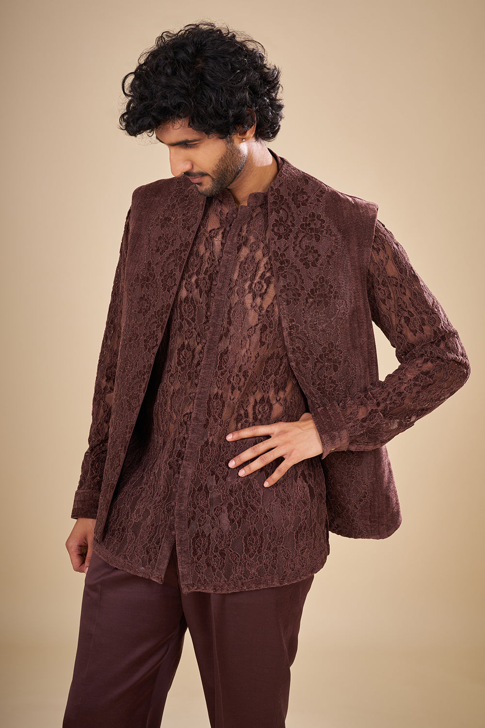 Chocolate Brown Net Embroidered Co-ord Set