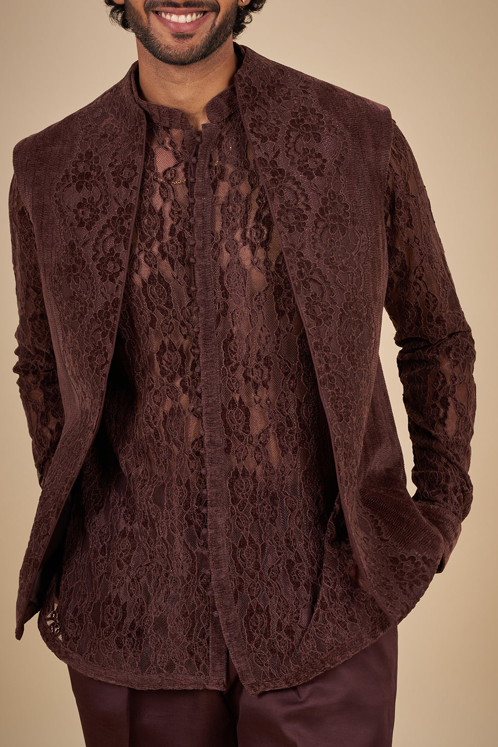 Chocolate Brown Net Embroidered Co-ord Set