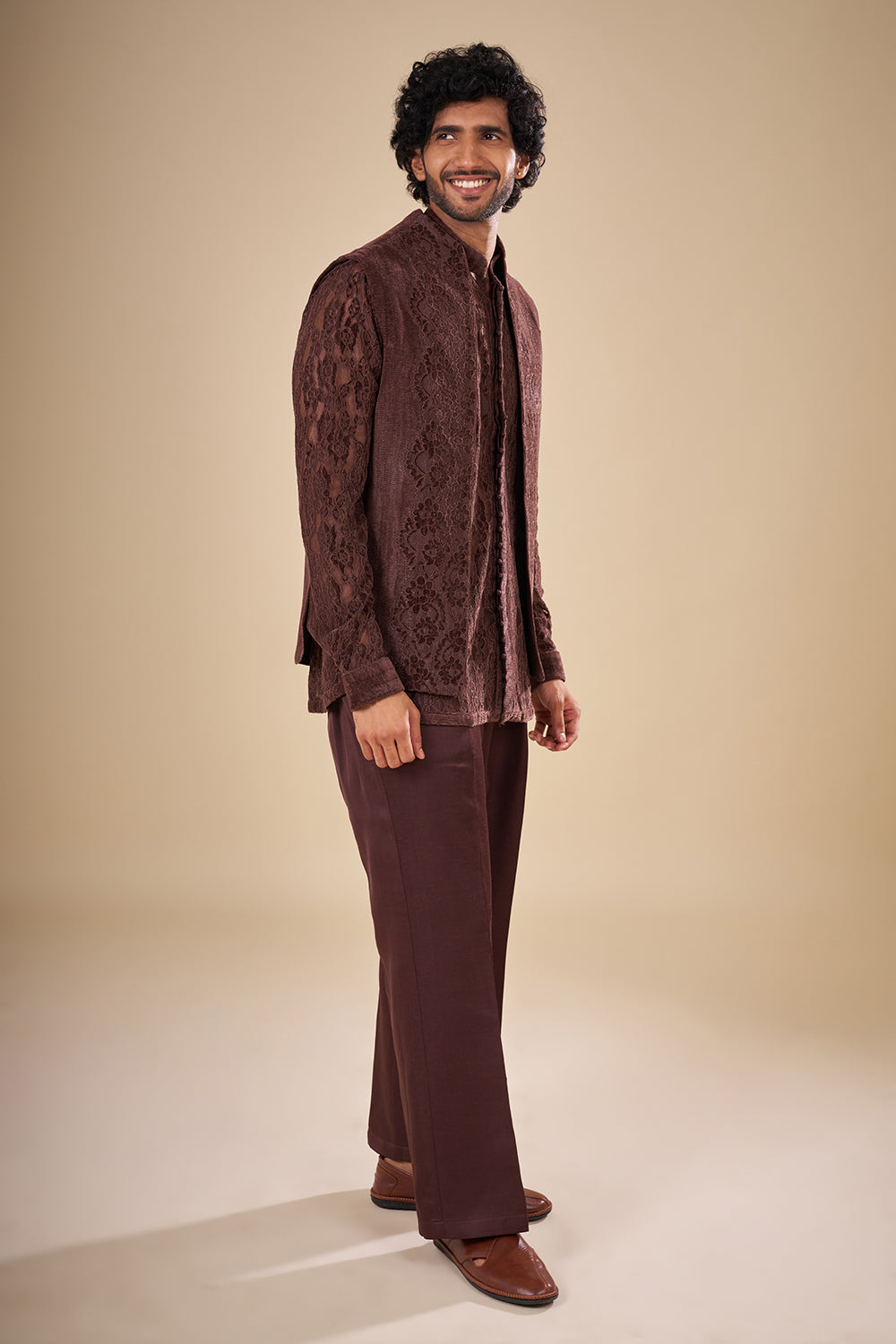 Chocolate Brown Net Embroidered Co-ord Set
