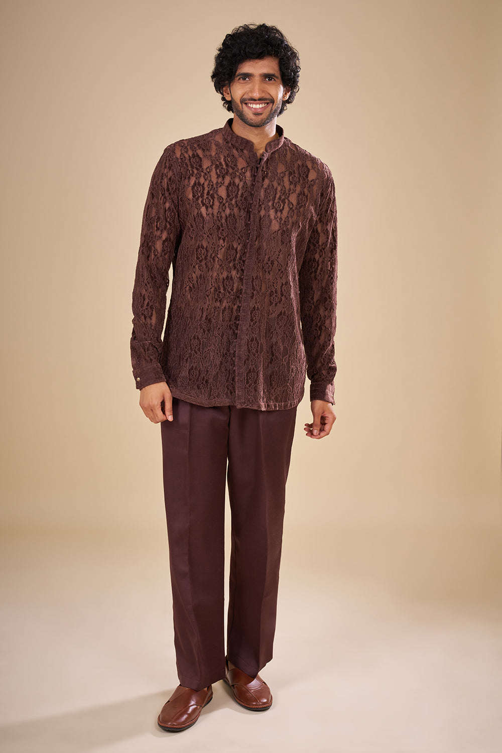 Chocolate Brown Net Embroidered Co-ord Set