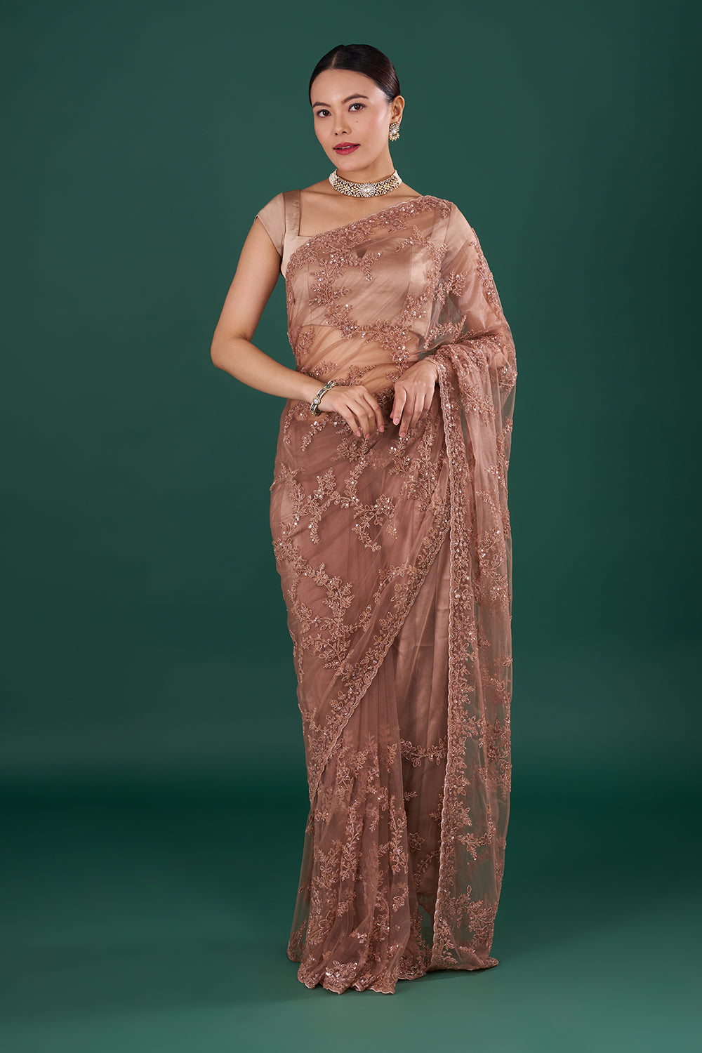 Chocolate Brown Net Saree with Cutdana Embroidery