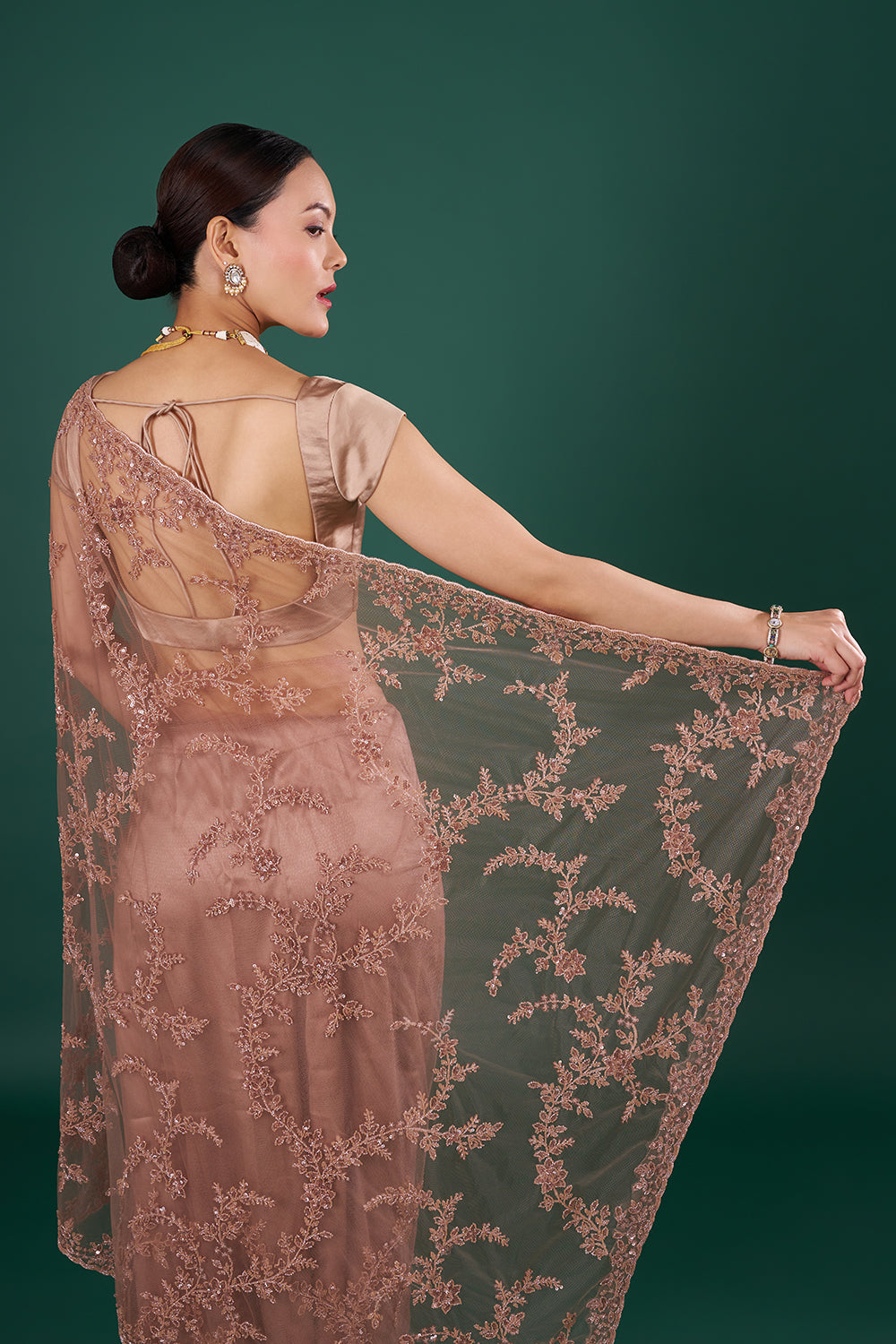 Chocolate Brown Net Saree with Cutdana Embroidery