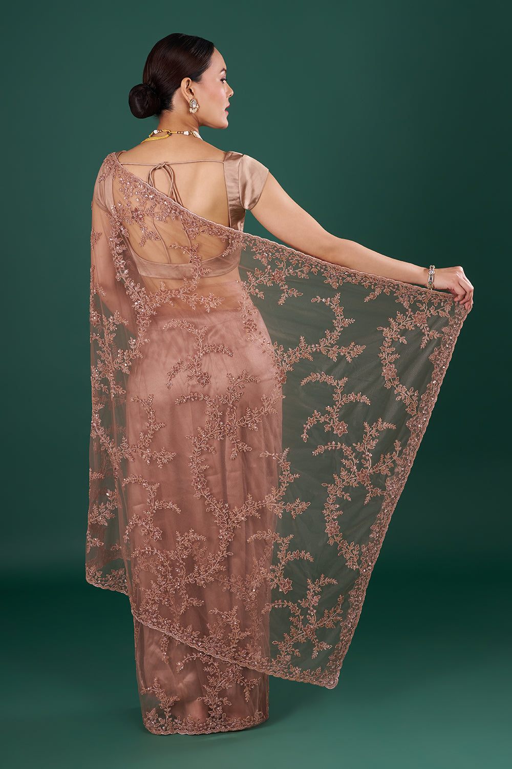 Chocolate Brown Net Saree with Cutdana Embroidery