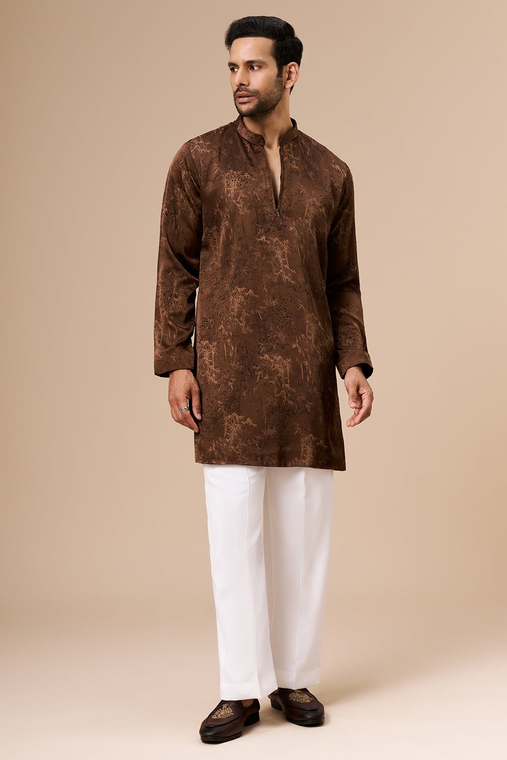 Chocolate Brown Satin Mens Kurta Set with Embellished Botanical Print