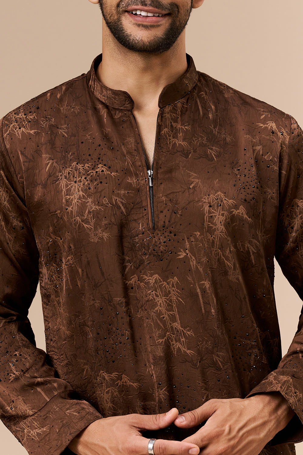 Chocolate Brown Satin Mens Kurta Set with Embellished Botanical Print