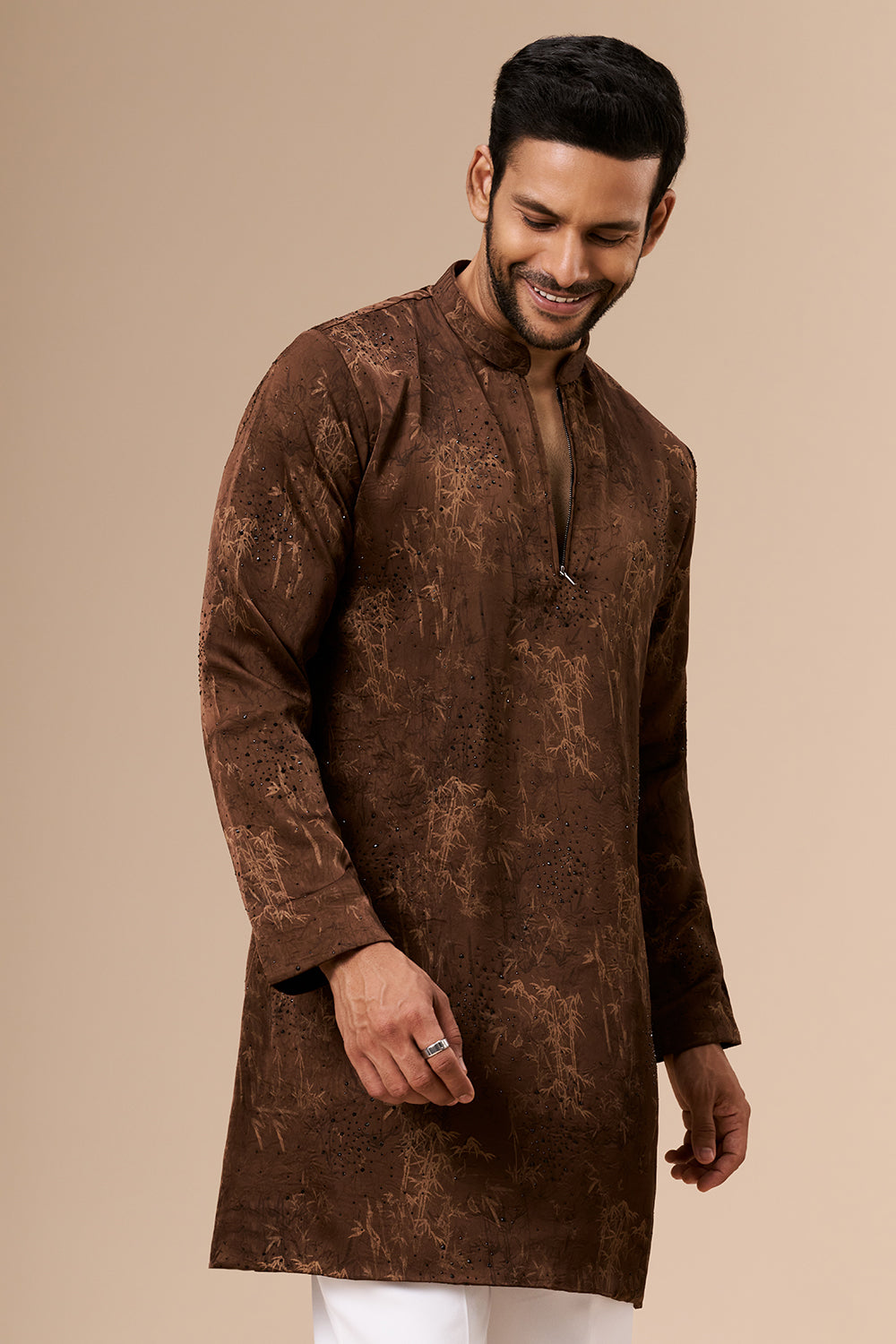 Chocolate Brown Satin Mens Kurta Set with Embellished Botanical Print