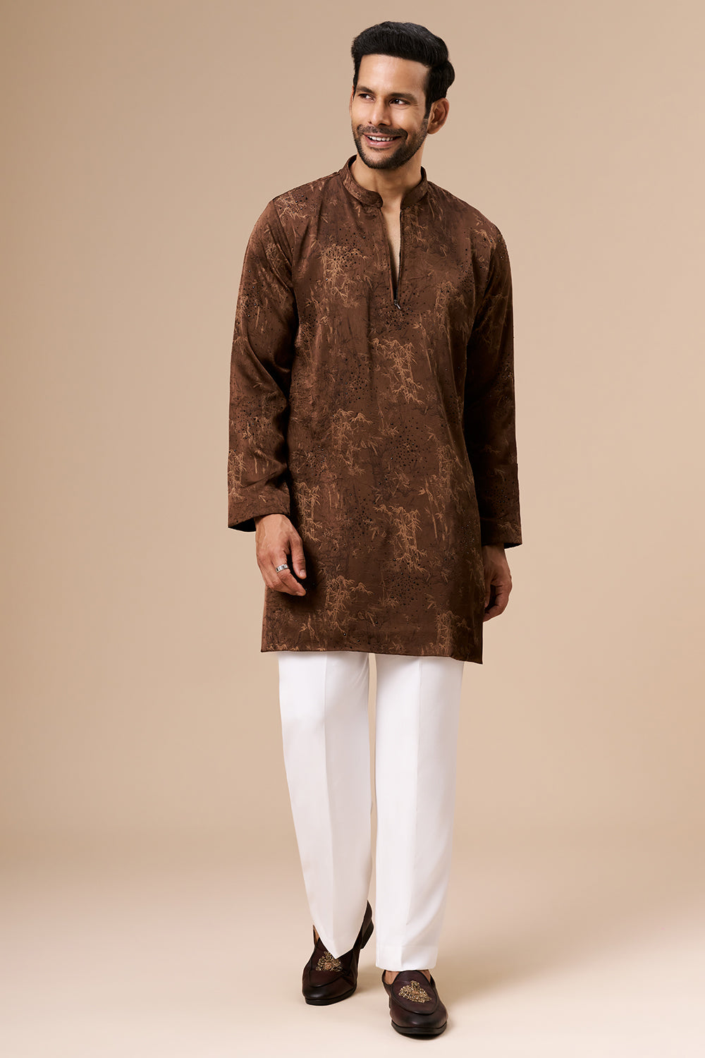 Chocolate Brown Satin Mens Kurta Set with Embellished Botanical Print
