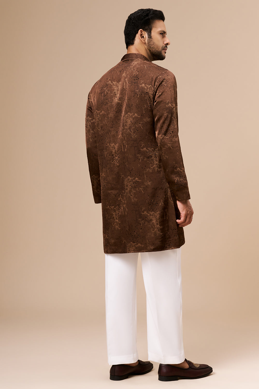 Chocolate Brown Satin Mens Kurta Set with Embellished Botanical Print