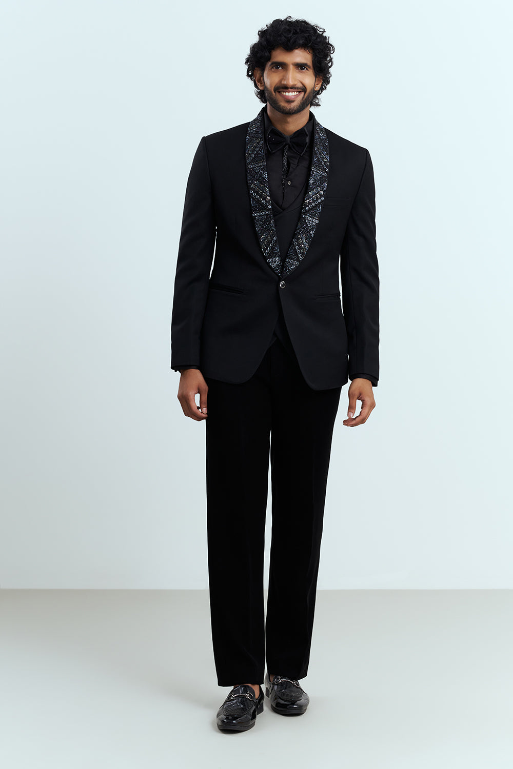 Black Embellished Tuxedo Suit Set