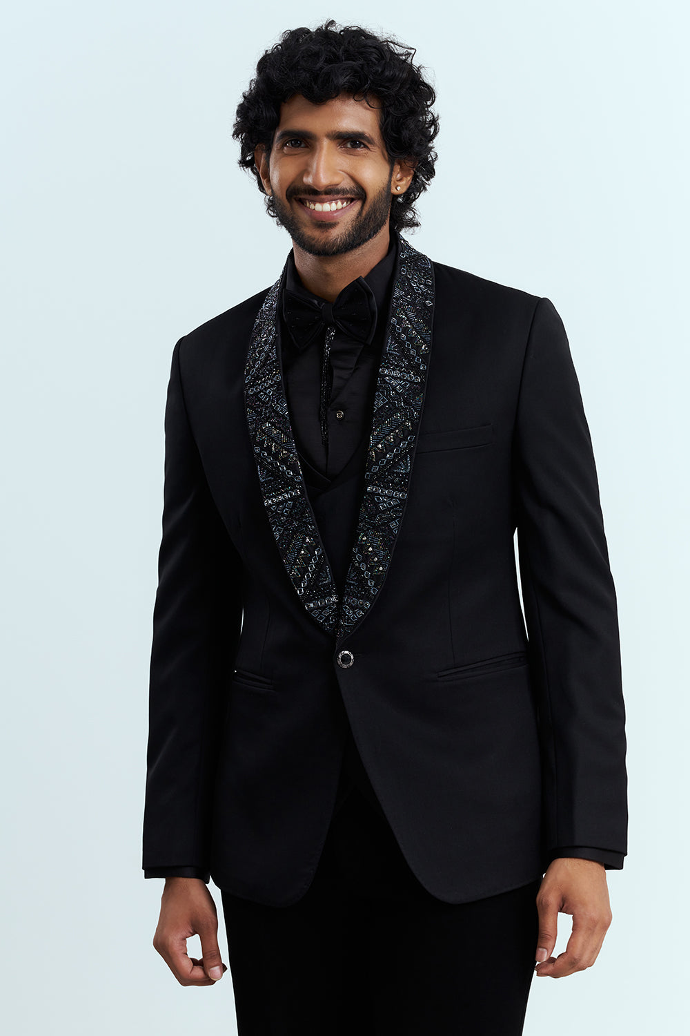 Black Embellished Tuxedo Suit Set