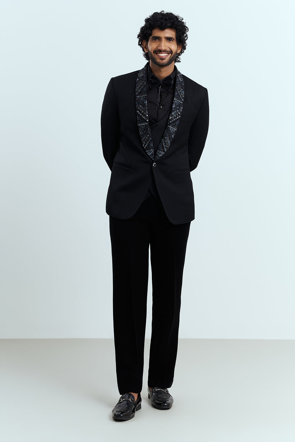 Black Embellished Tuxedo Suit Set