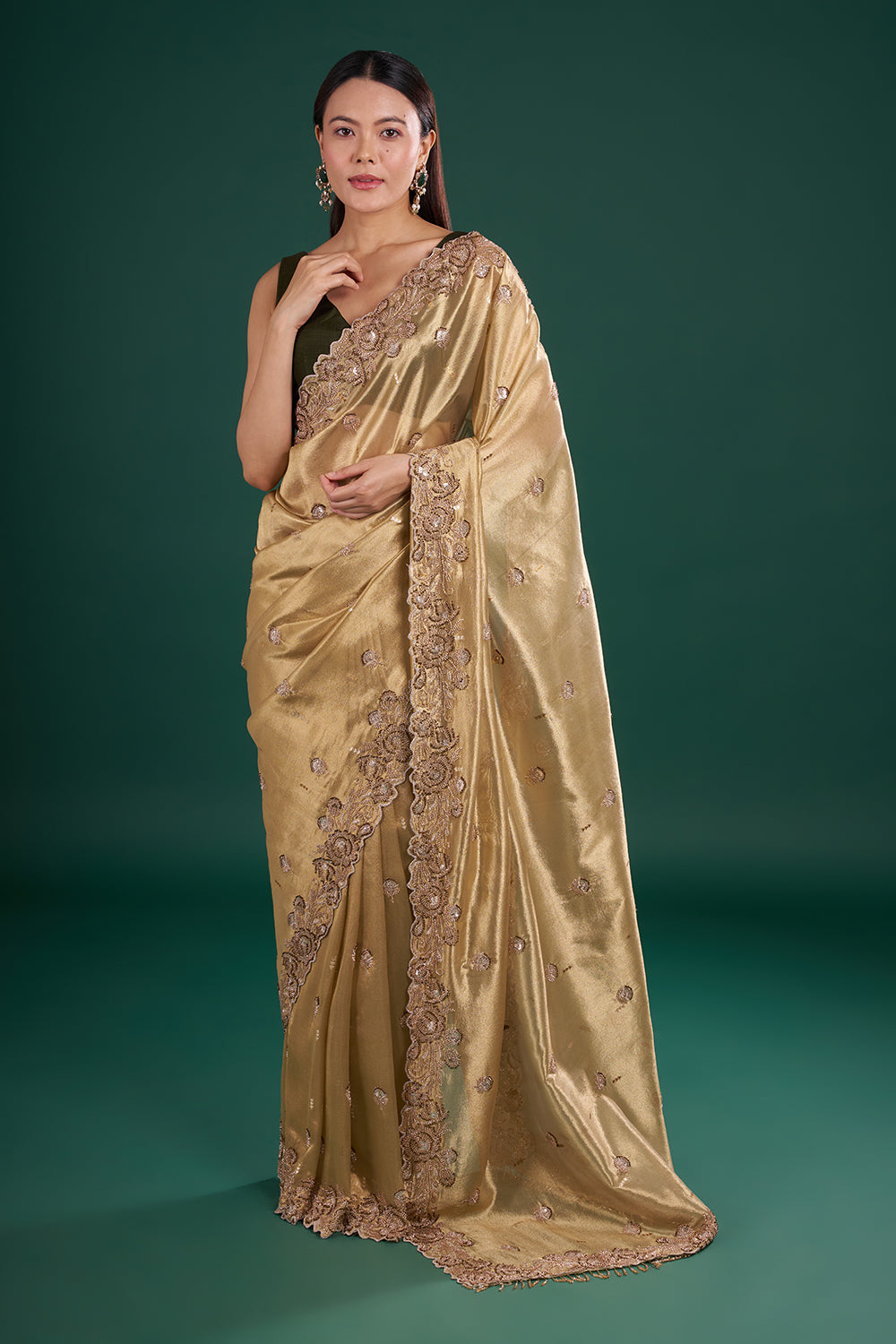 Classic Gold Shimmer Saree with Floral Pearl Embroidery and Unstitched Blouse