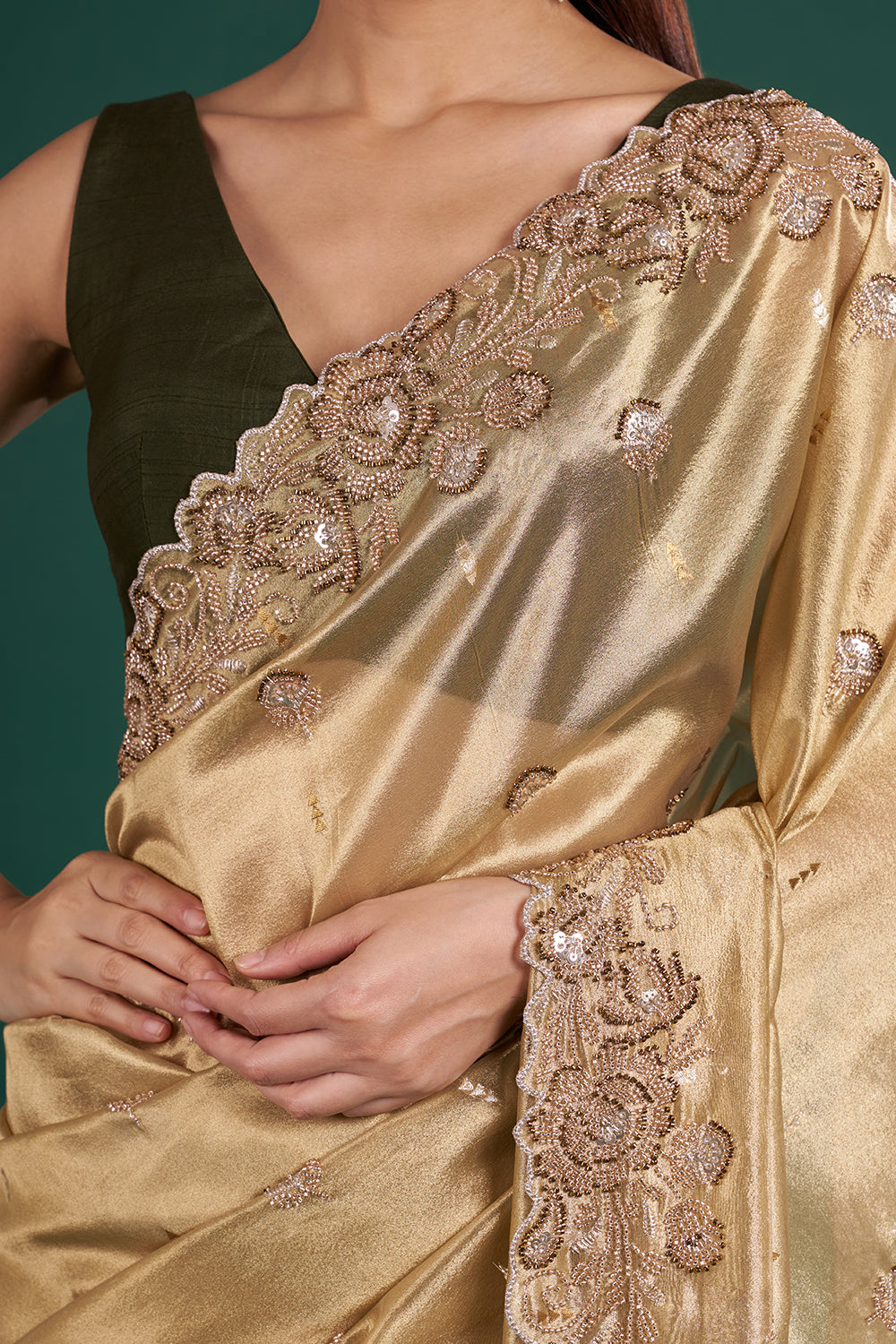 Classic Gold Shimmer Saree with Floral Pearl Embroidery and Unstitched Blouse