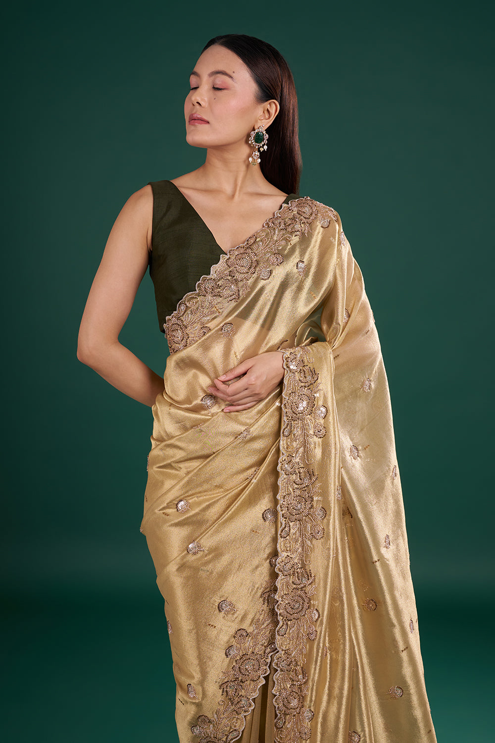 Classic Gold Shimmer Saree with Floral Pearl Embroidery and Unstitched Blouse