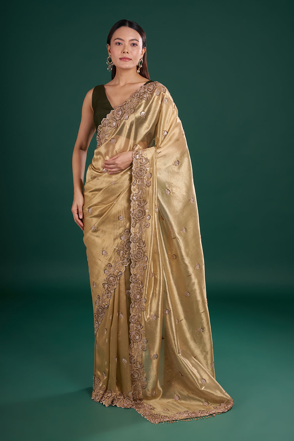 Classic Gold Shimmer Saree with Floral Pearl Embroidery and Unstitched Blouse