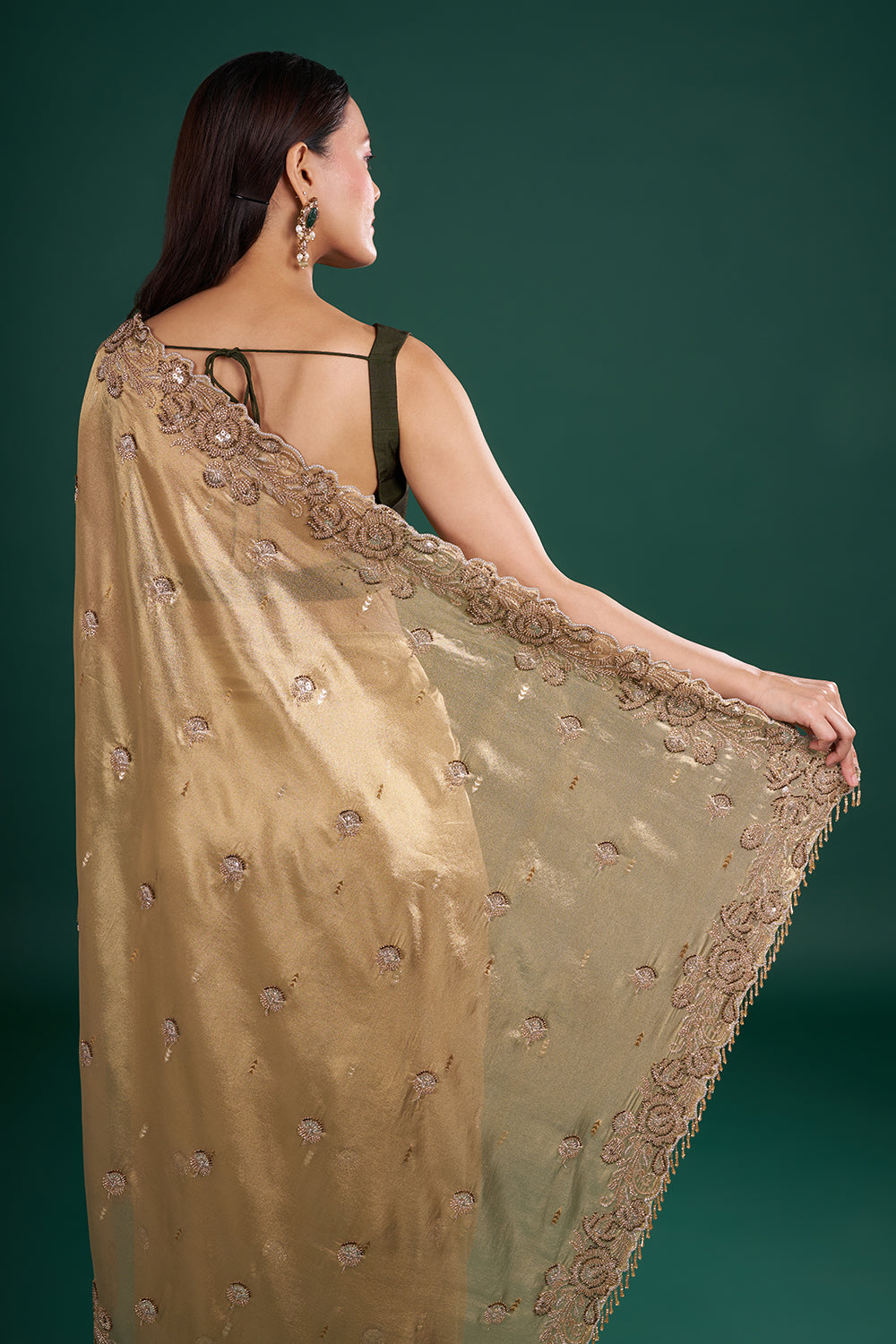 Classic Gold Shimmer Saree with Floral Pearl Embroidery and Unstitched Blouse