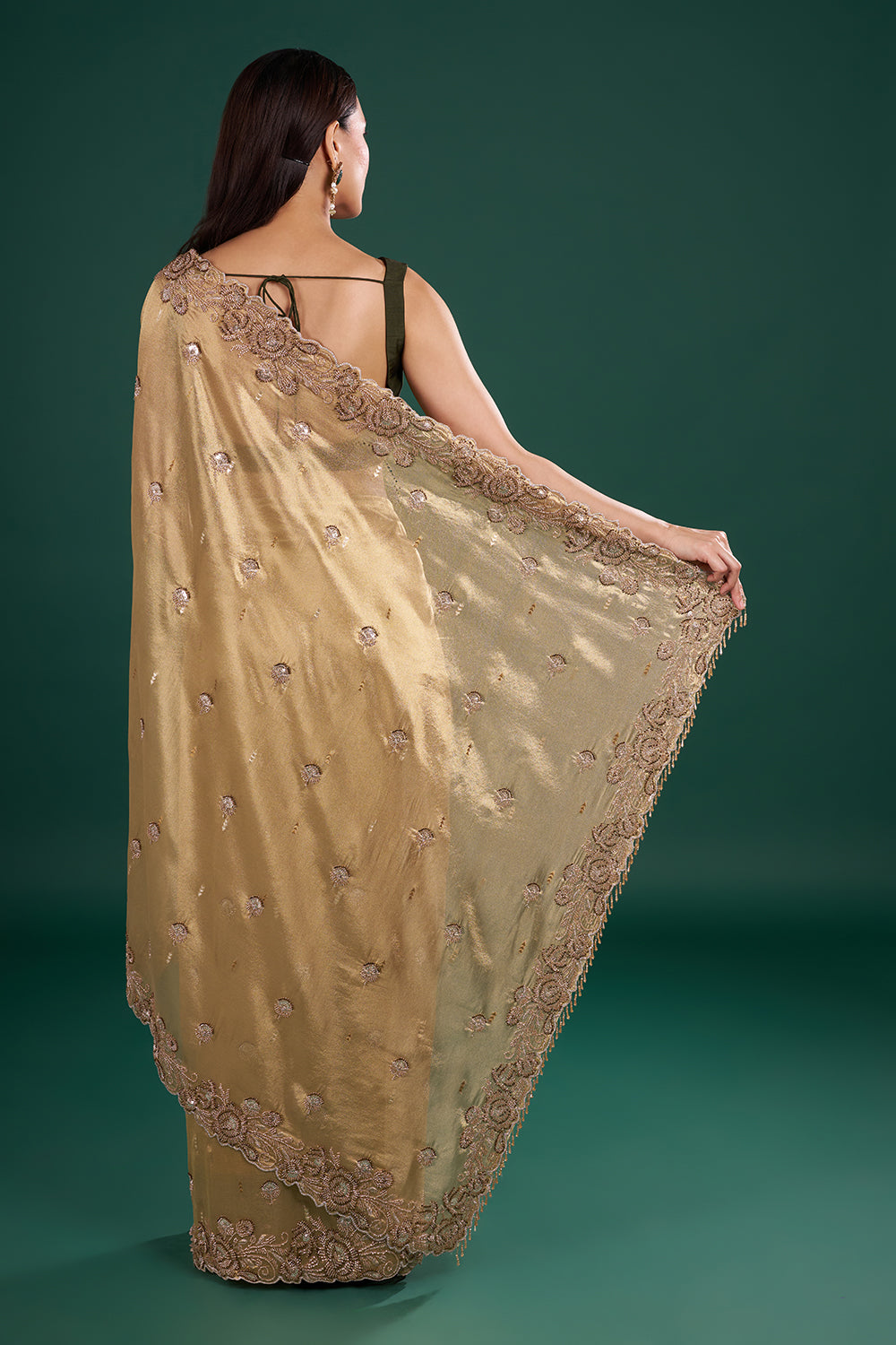 Classic Gold Shimmer Saree with Floral Pearl Embroidery and Unstitched Blouse