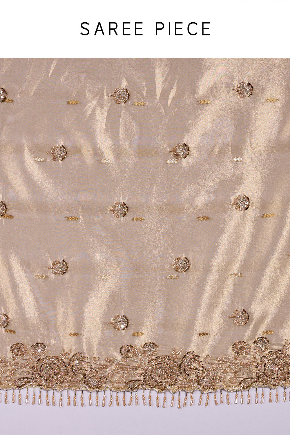 Classic Gold Shimmer Saree with Floral Pearl Embroidery and Unstitched Blouse