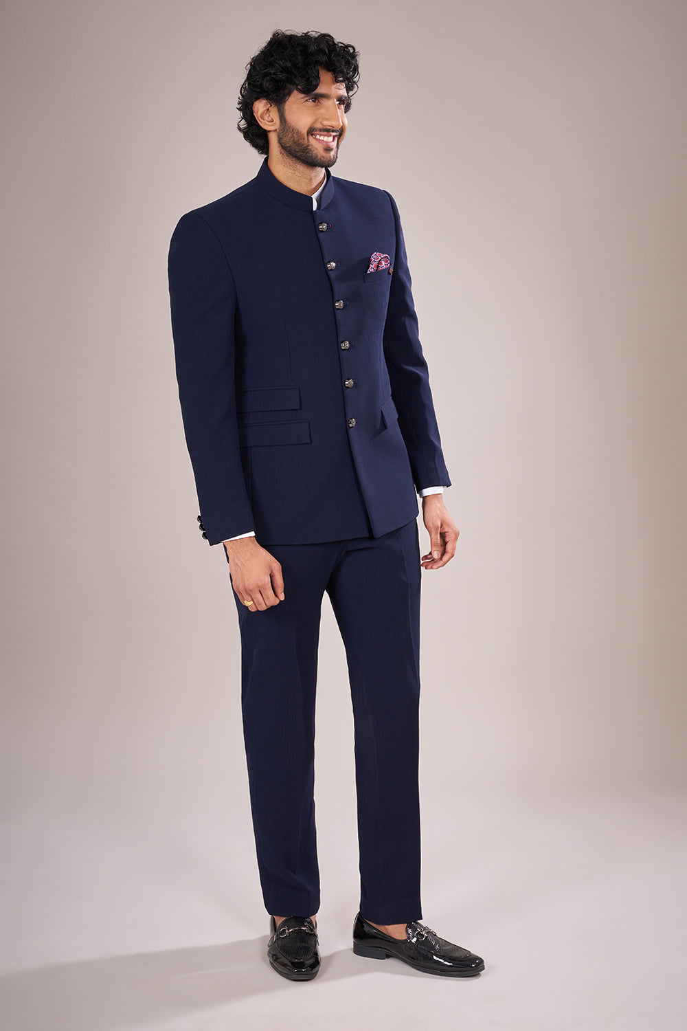 Classic Rayon Navy Bandhgala Suit Set