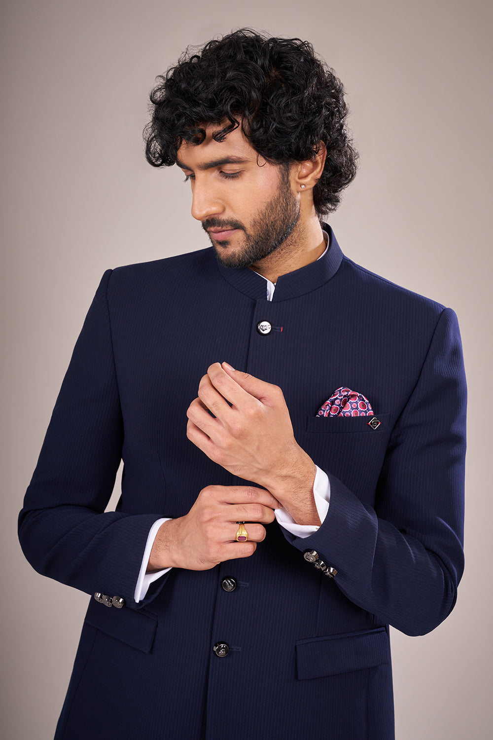 Classic Rayon Navy Bandhgala Suit Set