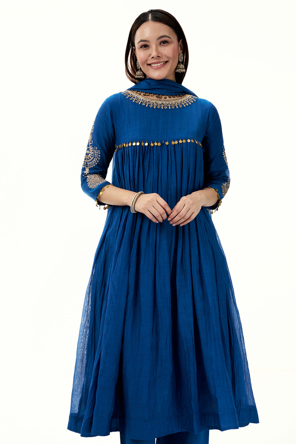 Cobalt Blue Mul Cotton Suit with Zardosi Work and Tassels
