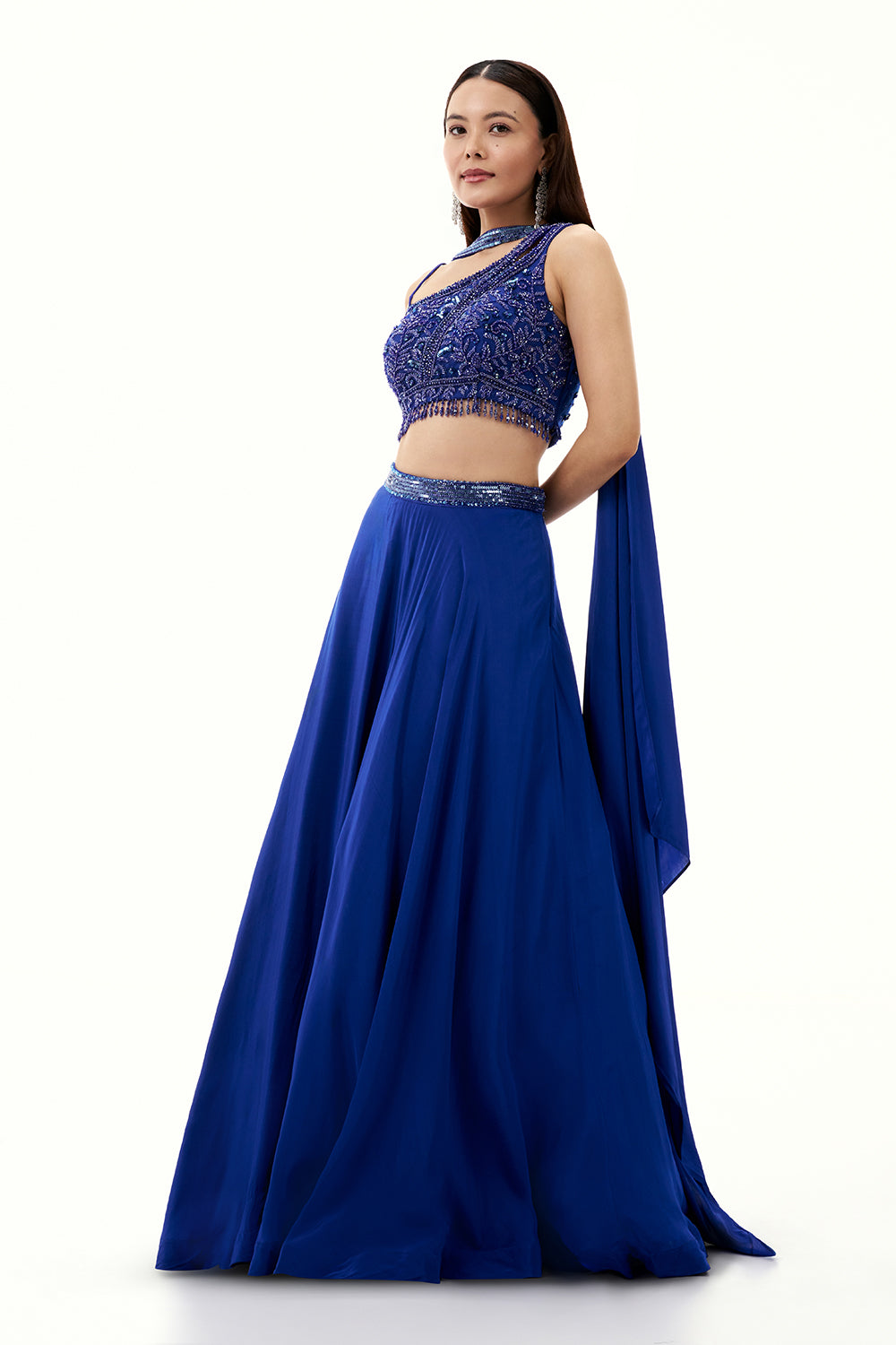 Cobalt Blue Satin Crepe Lehenga with Sequin Work