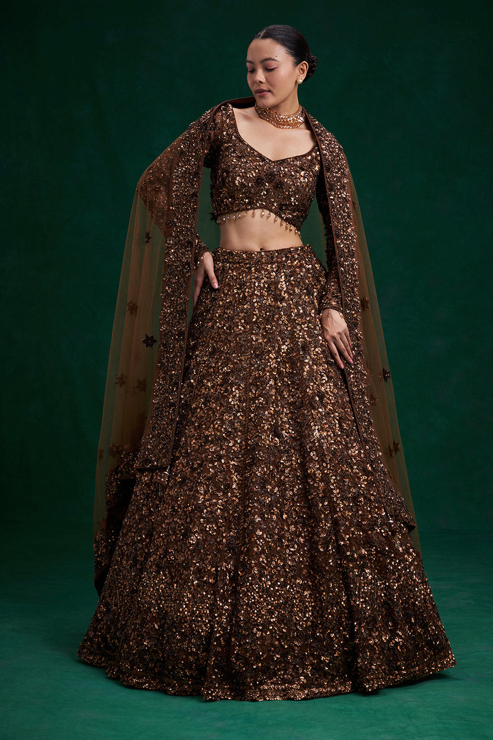 Copper Brown Net Bridal Lehenga with Cutdana and Bead Work