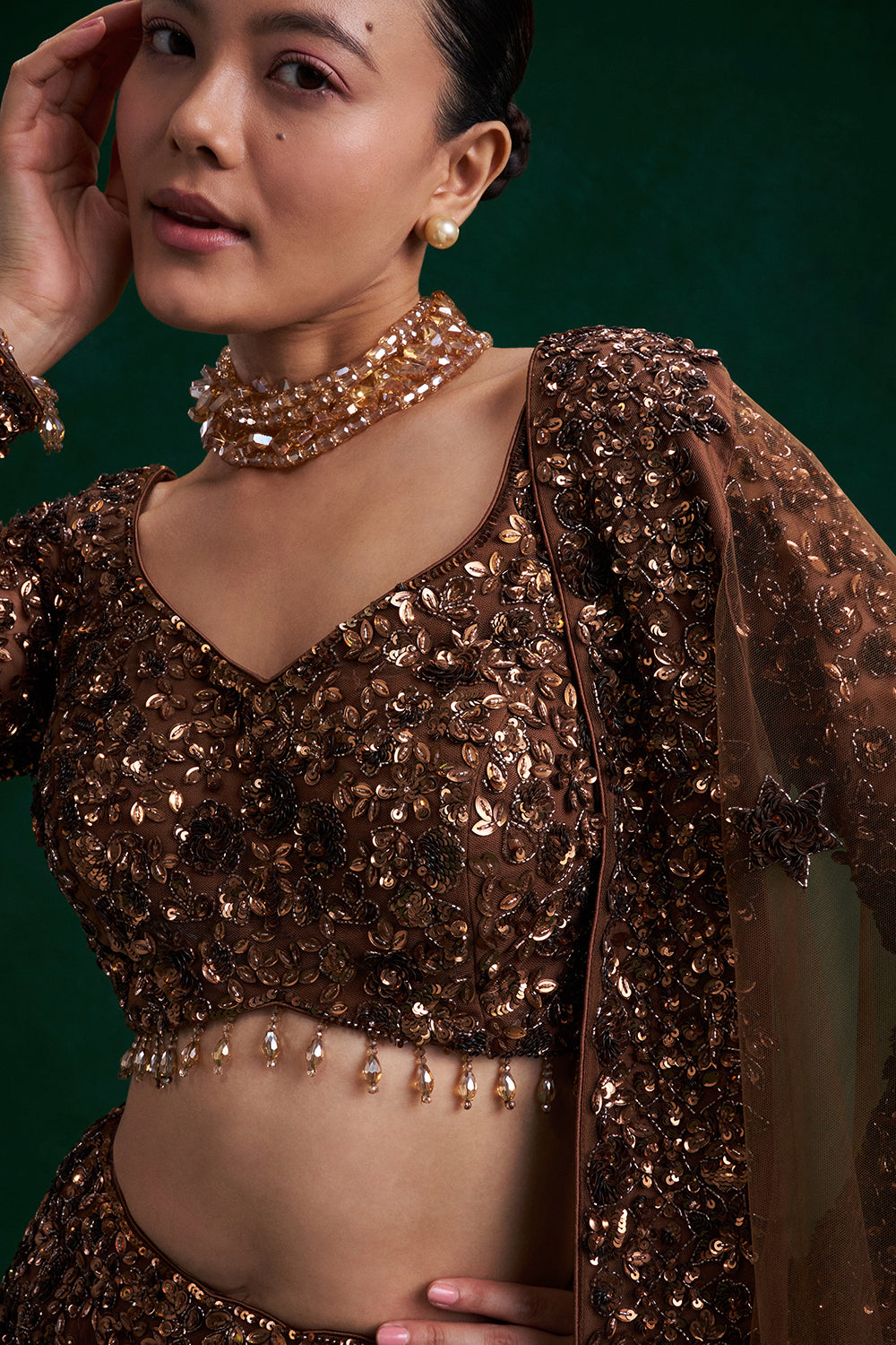 Copper Brown Net Bridal Lehenga with Cutdana and Bead Work