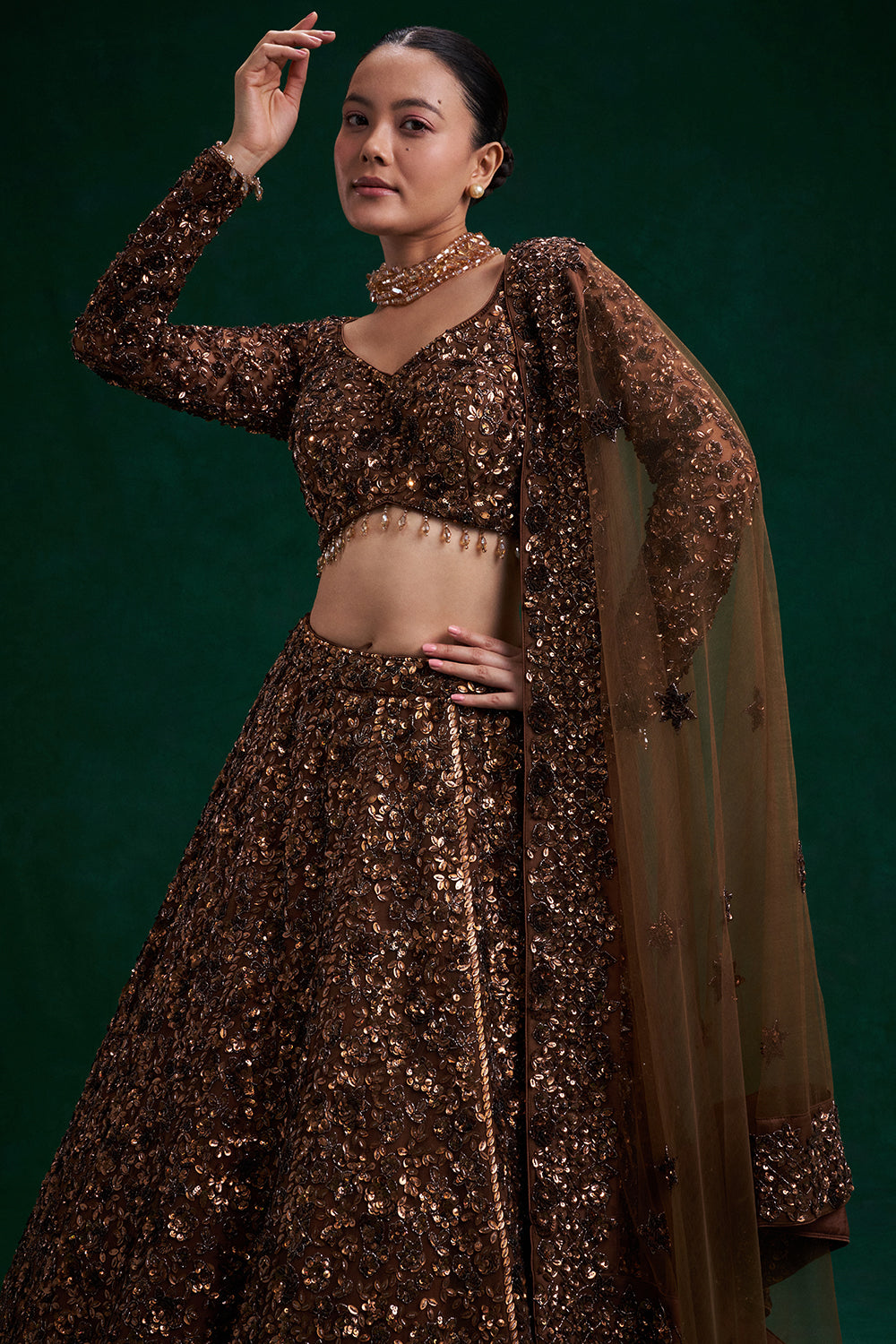 Copper Brown Net Bridal Lehenga with Cutdana and Bead Work