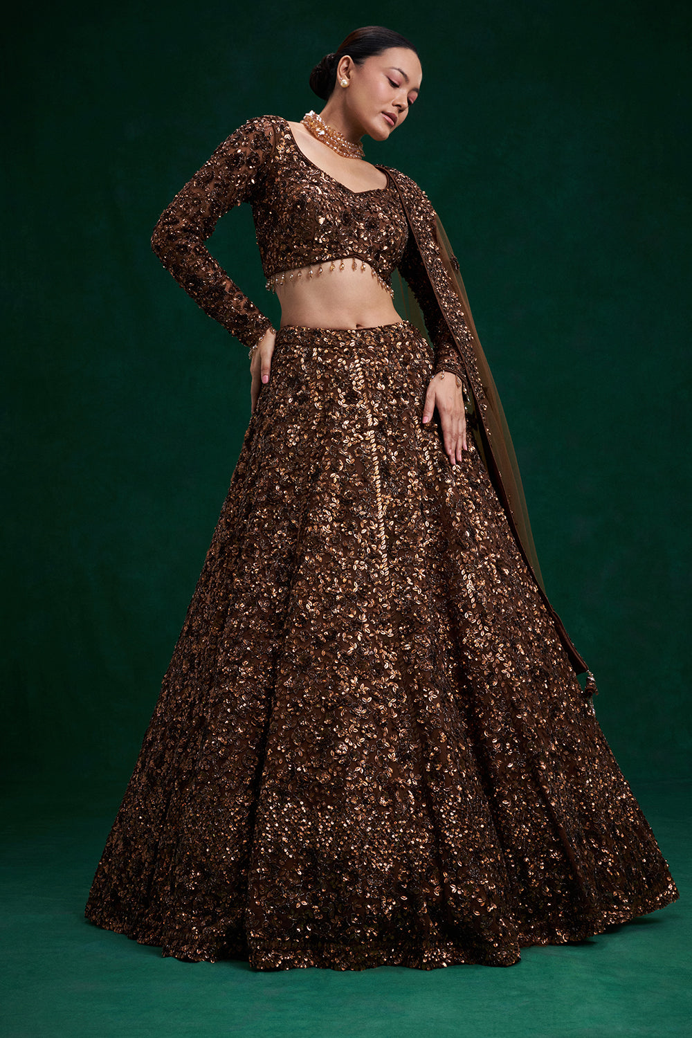 Copper Brown Net Bridal Lehenga with Cutdana and Bead Work