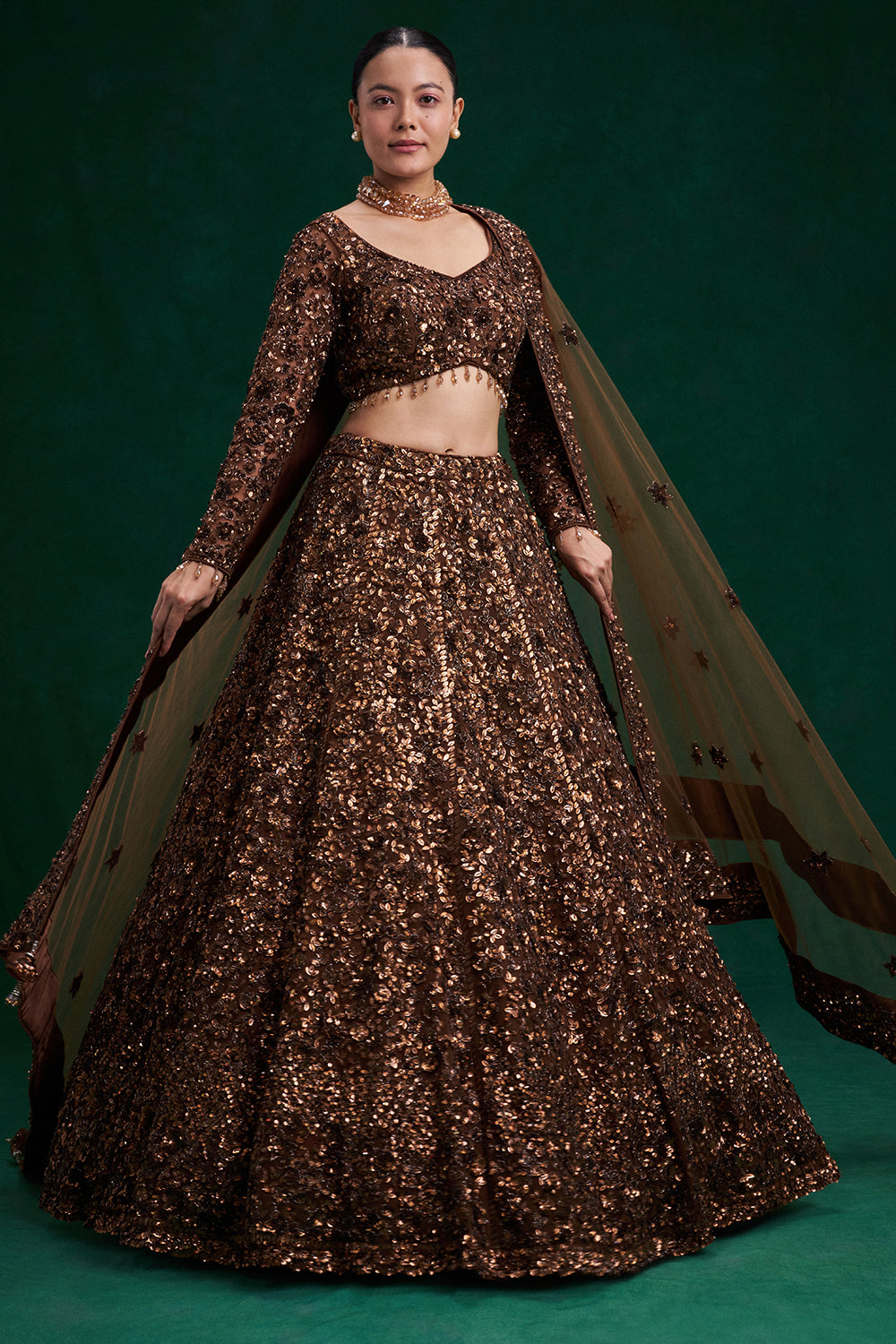 Copper Brown Net Bridal Lehenga with Cutdana and Bead Work