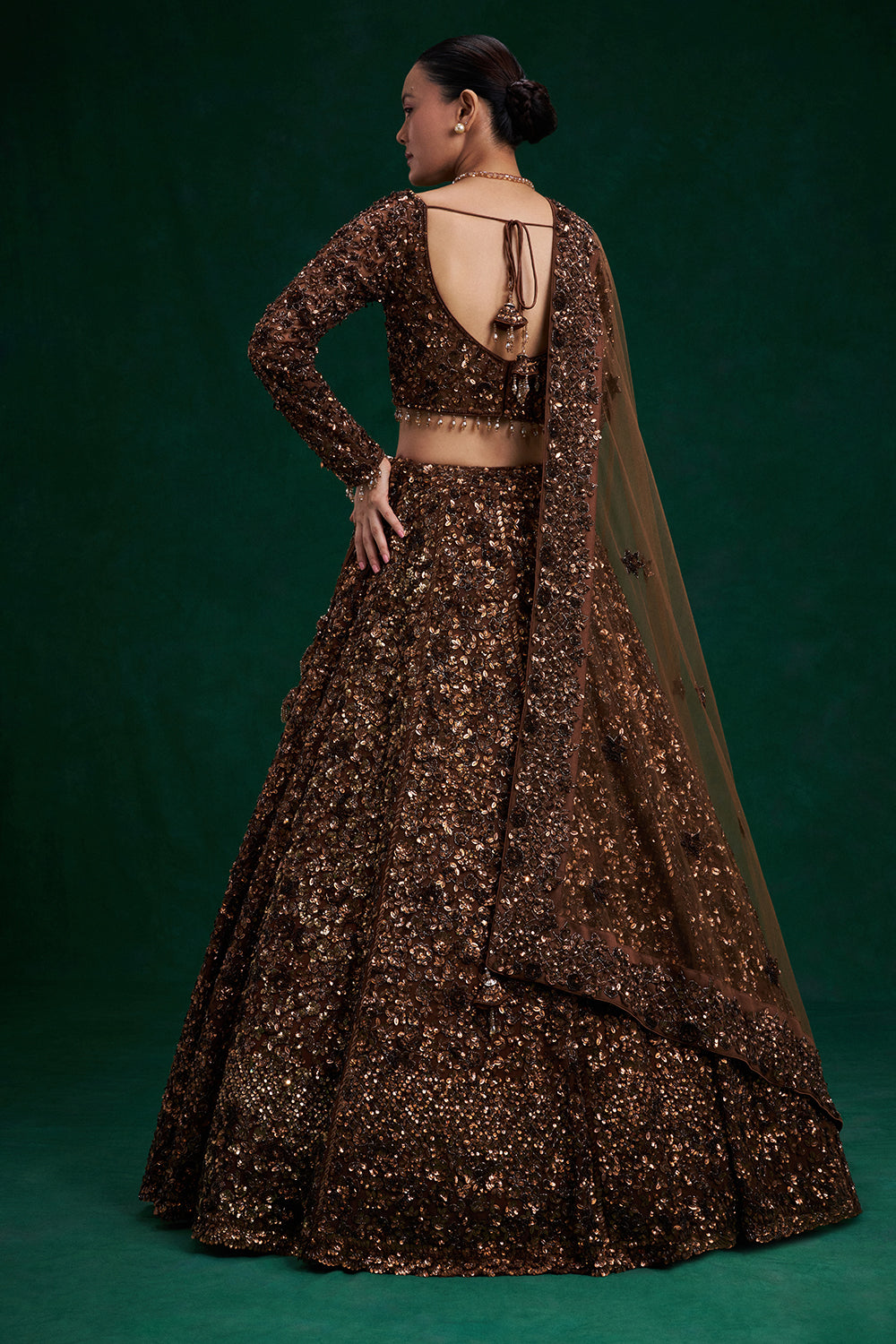 Copper Brown Net Bridal Lehenga with Cutdana and Bead Work