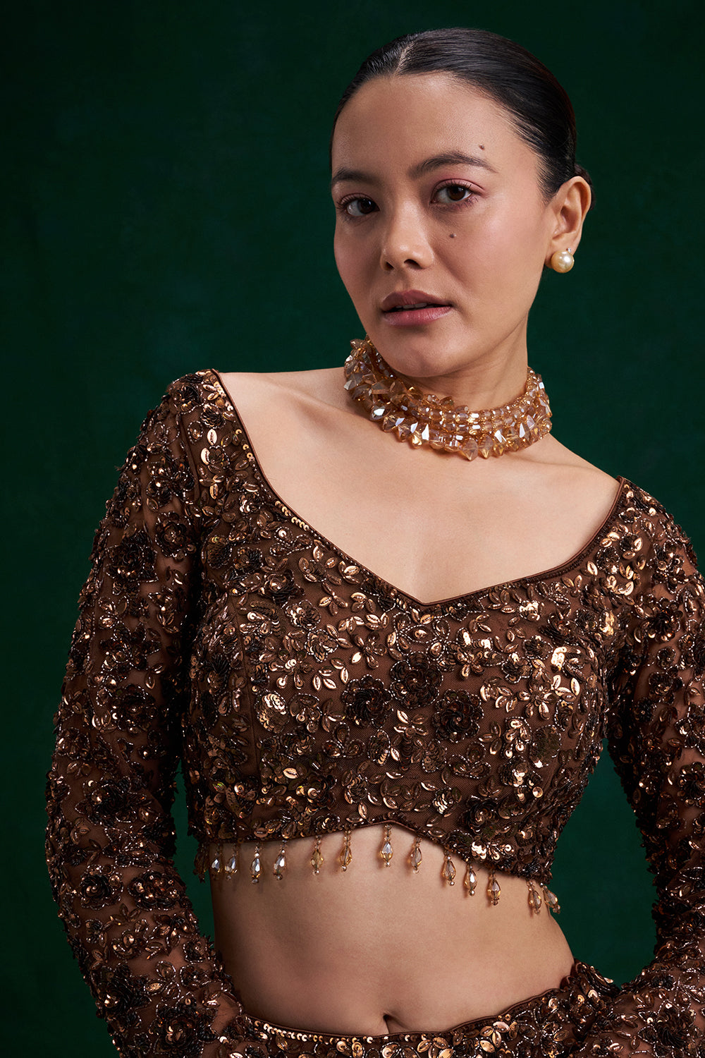Copper Brown Net Bridal Lehenga with Cutdana and Bead Work