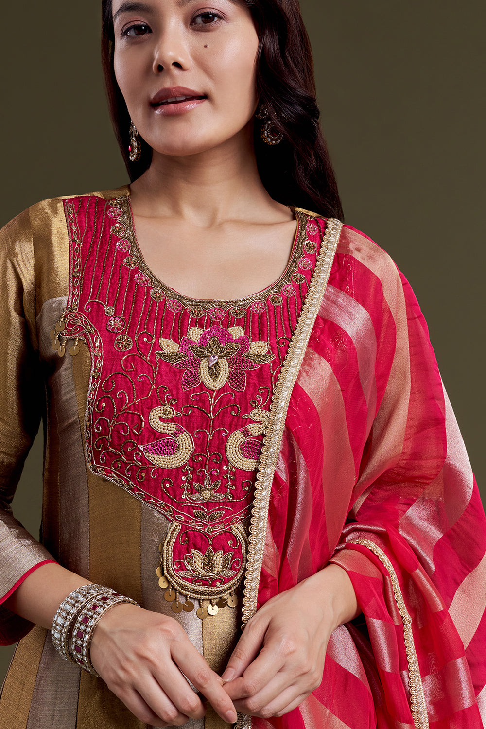 Copper Gold Chanderi Silk Anarkali Set