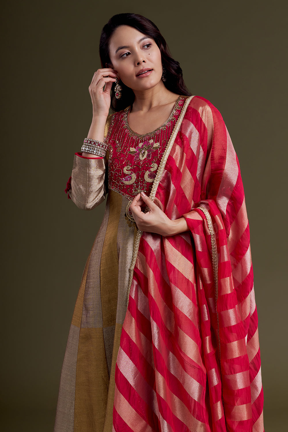 Copper Gold Chanderi Silk Anarkali Set