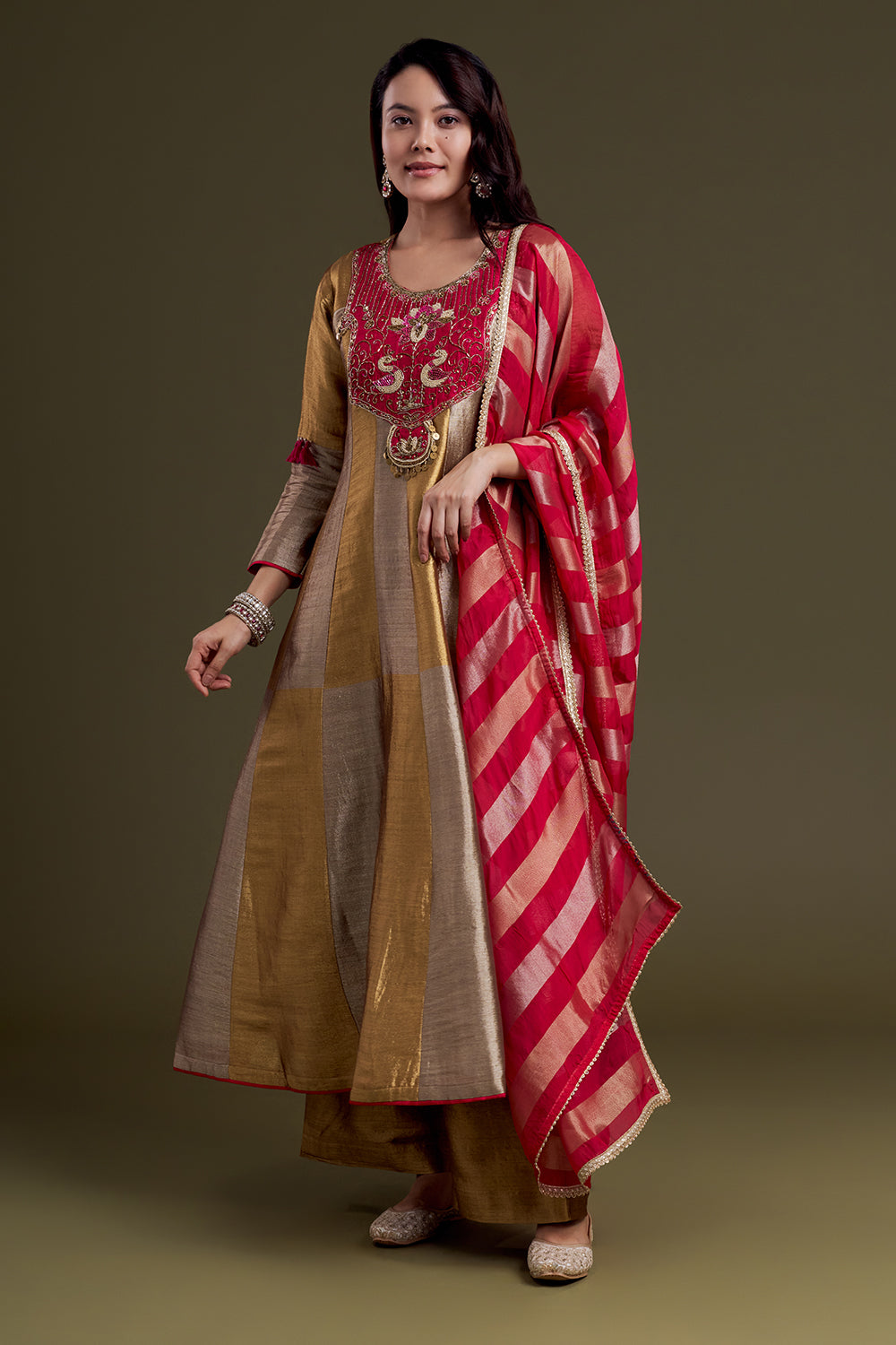 Copper Gold Chanderi Silk Anarkali Set