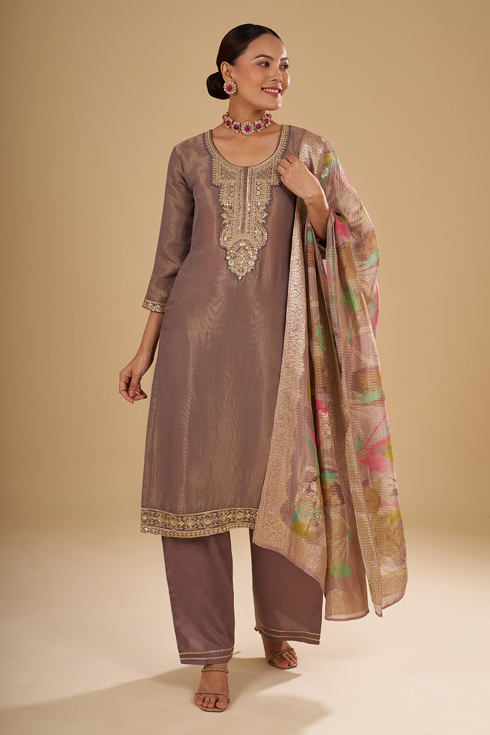 Copper Gold Shimmer Zari Tissue Kurta Set with Sequin Work and Printed Banarasi Dupatta