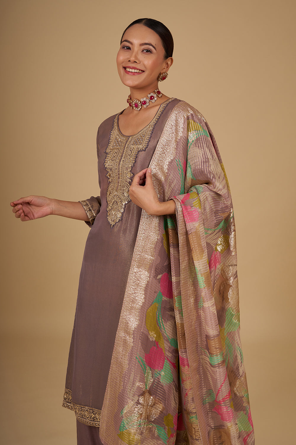 Copper Gold Shimmer Zari Tissue Kurta Set with Sequin Work and Printed Banarasi Dupatta