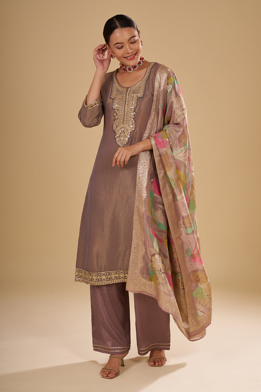 Copper Gold Shimmer Zari Tissue Kurta Set with Sequin Work and Printed Banarasi Dupatta