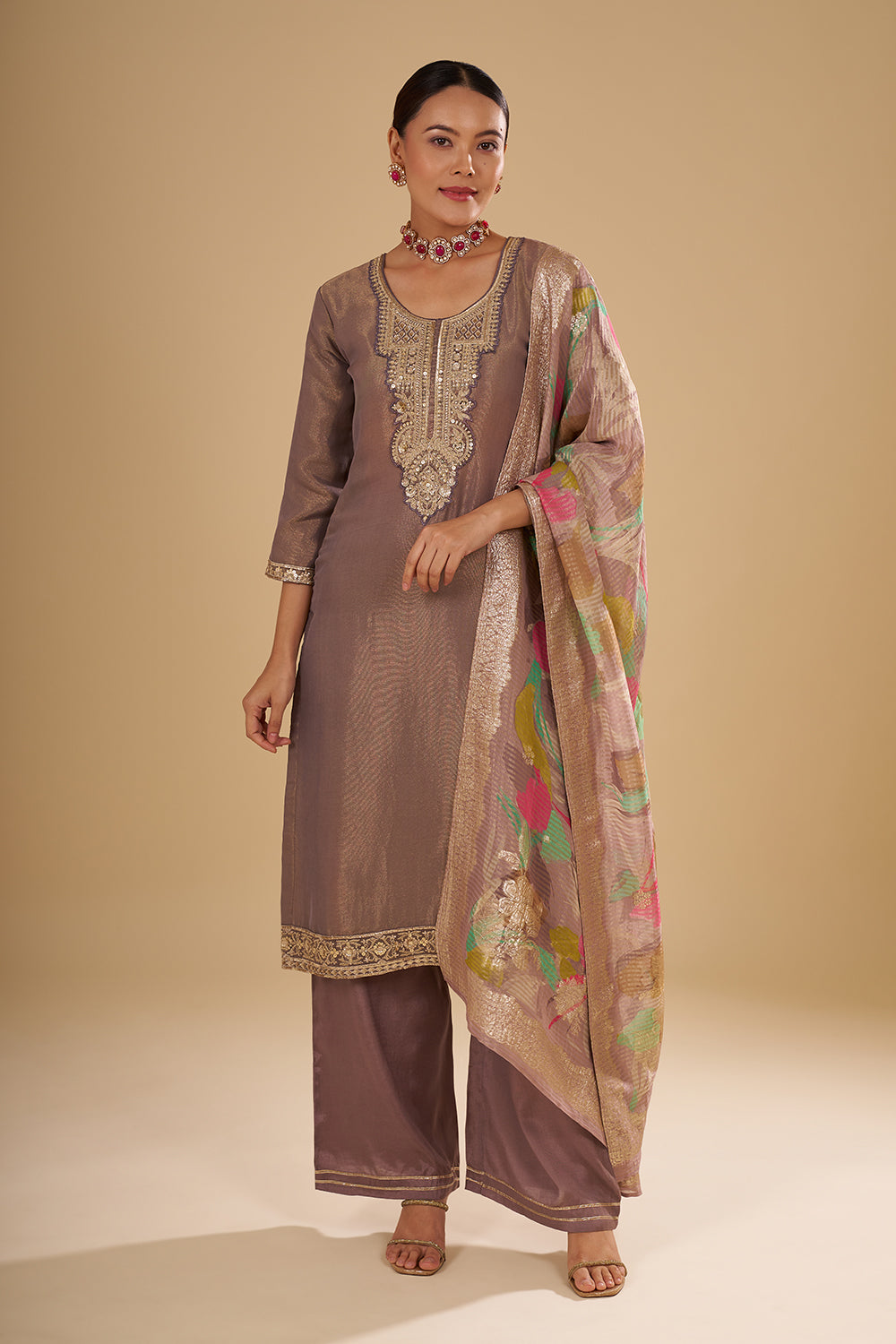Copper Gold Shimmer Zari Tissue Kurta Set with Sequin Work and Printed Banarasi Dupatta
