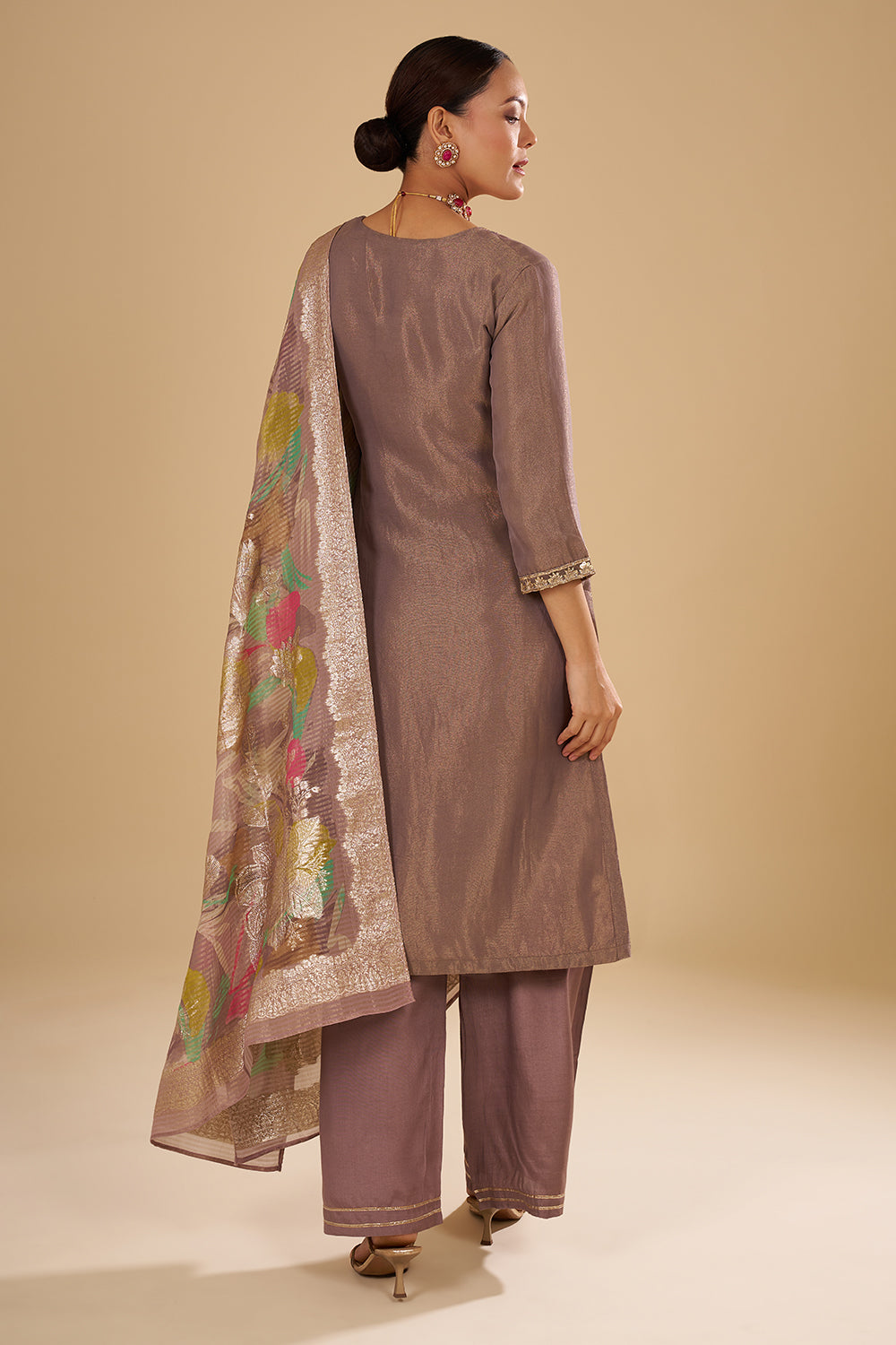 Copper Gold Shimmer Zari Tissue Kurta Set with Sequin Work and Printed Banarasi Dupatta