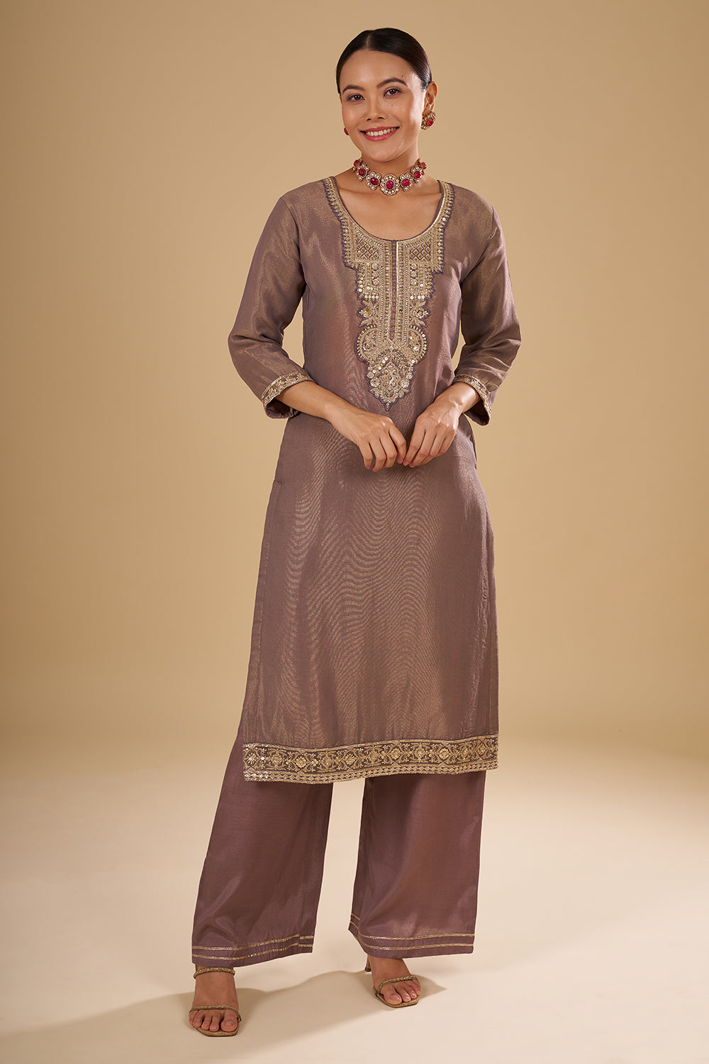 Copper Gold Shimmer Zari Tissue Kurta Set with Sequin Work and Printed Banarasi Dupatta