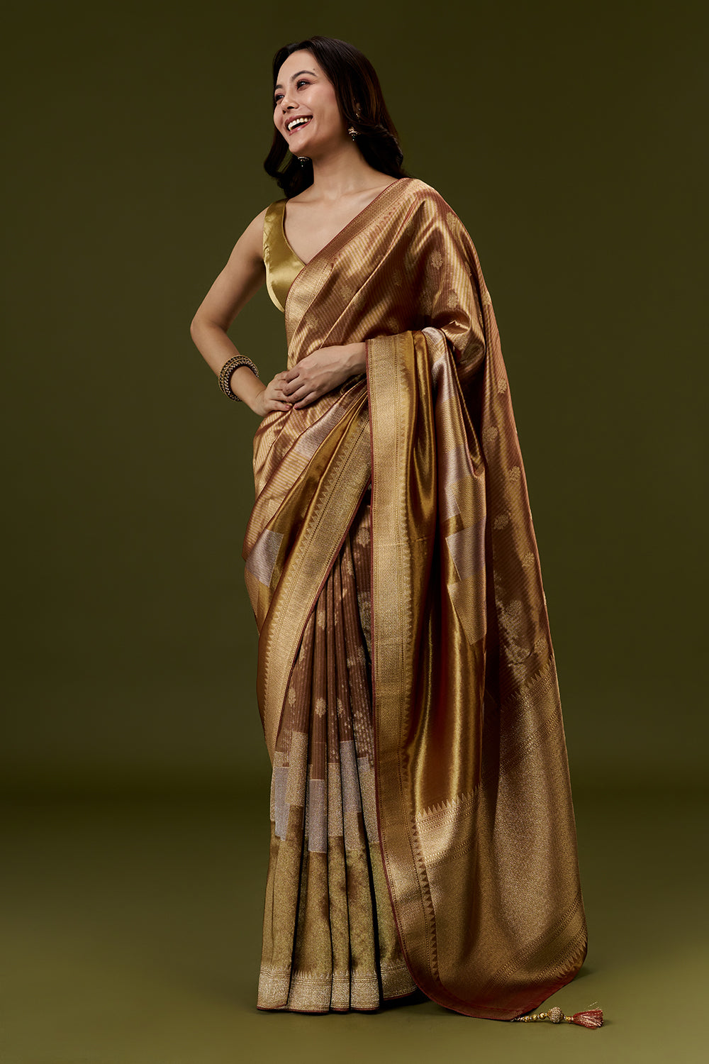 Copper Golden Banarasi Silk Woven Saree with Hand Work